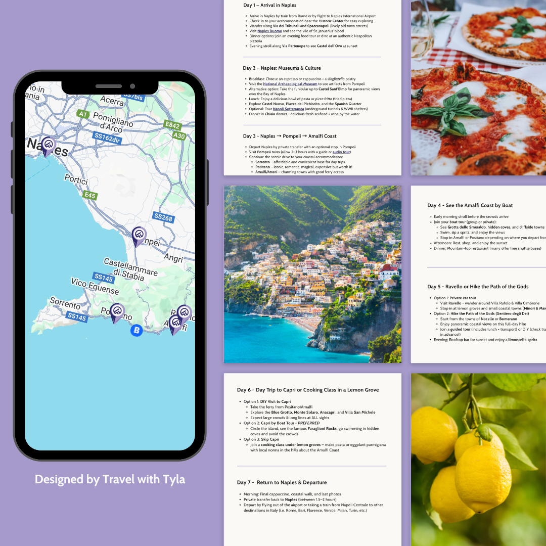 Collage of travel-themed images including a phone with a map, pizza, lemons, and a coastal Amalfi Coast town (Positano), all on a purple background.