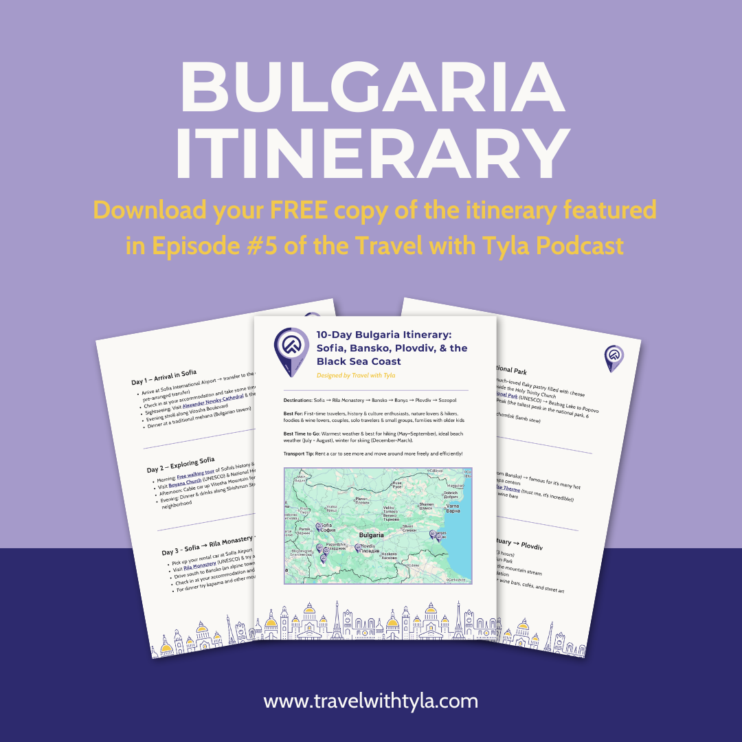 Promotional graphic for Bulgaria itinerary download with a purple background by Travel with Tyla podcast.