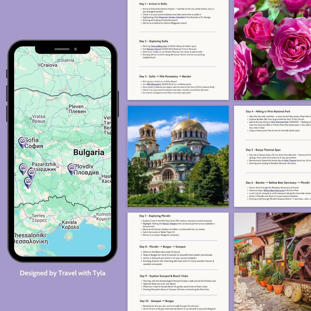 Collage of travel-themed images from Bulgaria including a map, architectural landmark, and scenic views with 'Travel with Tyla' branding.