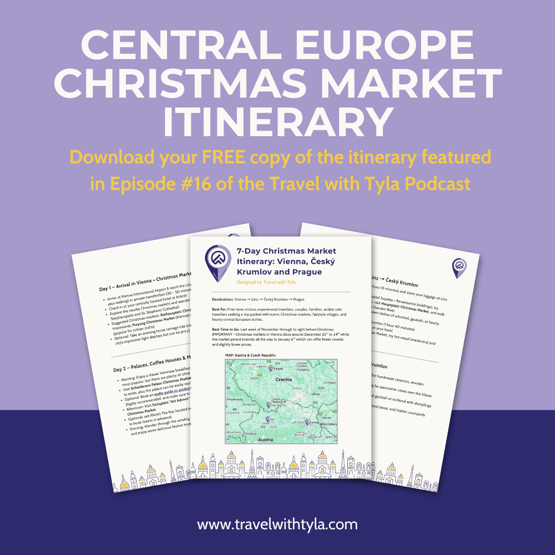 Promotional graphic for Central Europe Christmas Market Itinerary with a purple background by Travel with Tyla Podcast