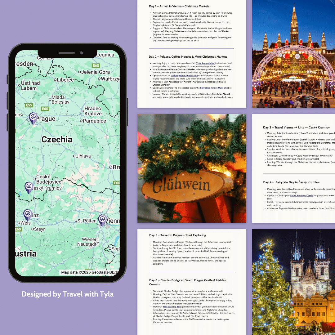 Collage of travel-themed images including a map, Christmas market, and Prague architecture. By Travel with Tyla Podcast