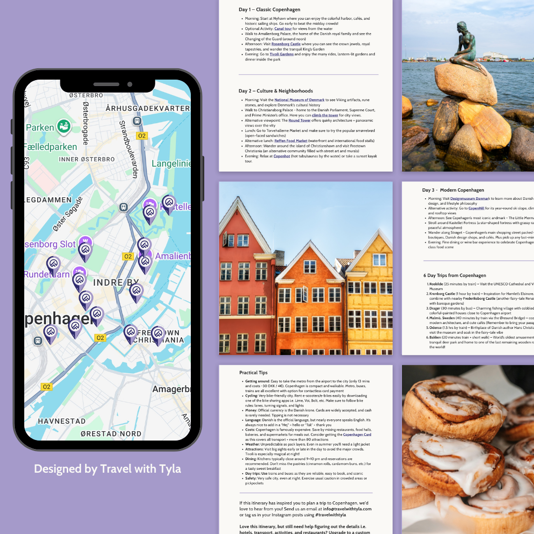 Collage of travel-themed images from Copenhagen Denmark including a map, buildings, and food with a purple background. For the travel with Tyla podcast.