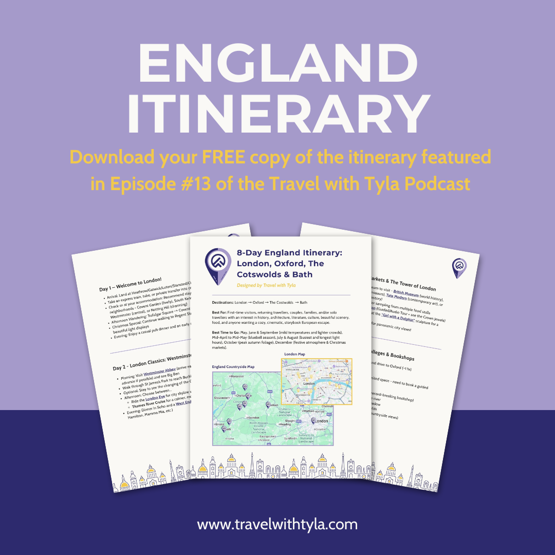 England itinerary download offer with a purple background. By Travel with Tyla