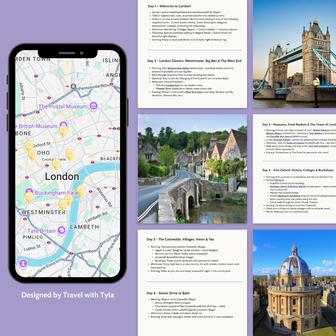 Collage of travel planning materials including a phone with a map, scenic photos, and text on a purple background. By Travel with Tyla
