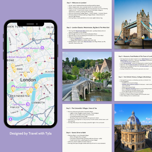 Collage of travel planning materials including a phone with a map, scenic photos, and text on a purple background. By Travel with Tyla