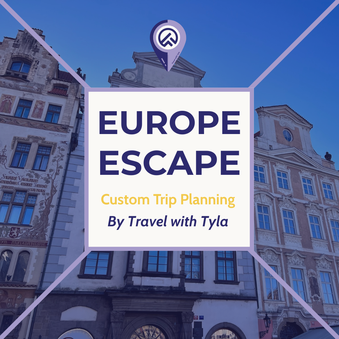 Advertisement for 'Europe Escape' Europe trip Planning Services by Travel with Tyla with a cityscape background