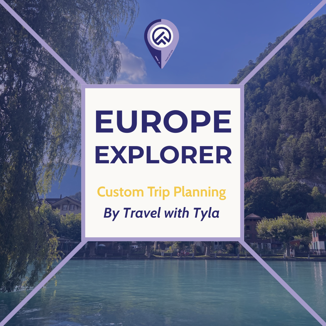 Promotional graphic for 'Europe Explorer' Europe Trip Planning Services by Travel with Tyla, featuring a scenic background of a lake and mountains.
