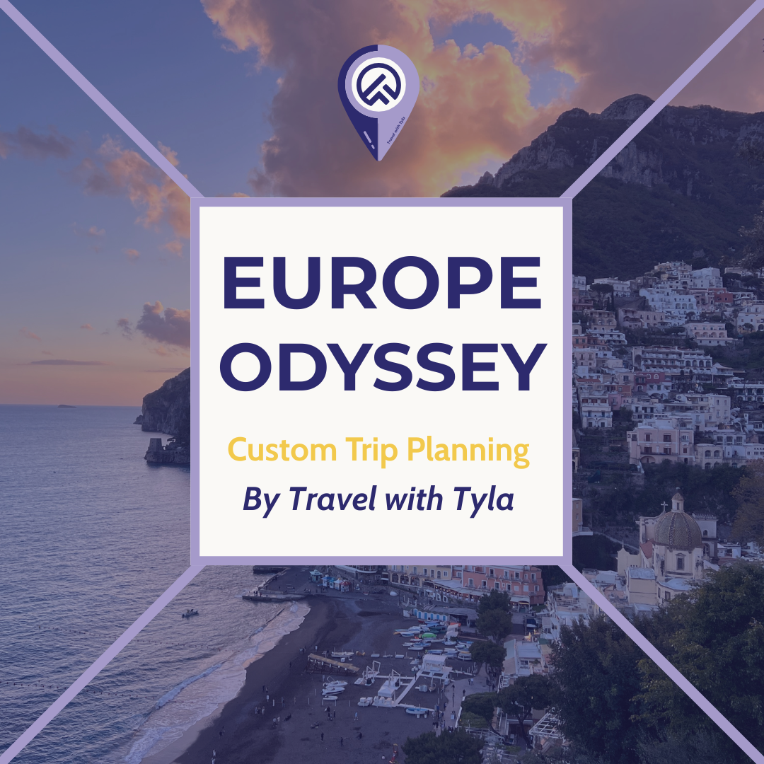 Promotional graphic for 'Europe Odyssey' Europe Trip Planning Services by Travel with Tyla, featuring a scenic coastal town.