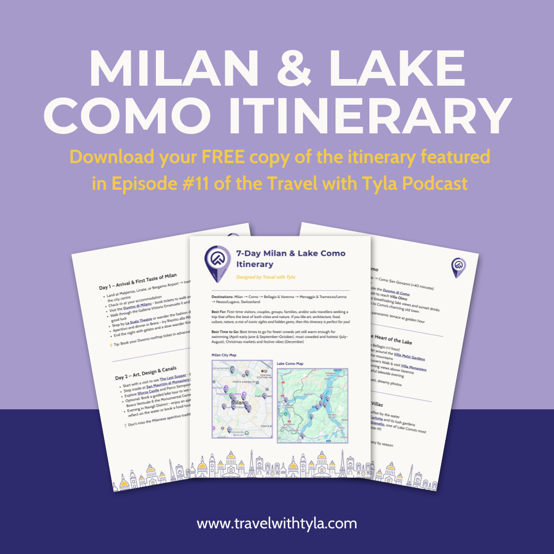 Promotional graphic for a Milan & Lake Como itinerary download, featuring text and a mockup of a document on a purple background. Itinerary by Travel with Tyla.