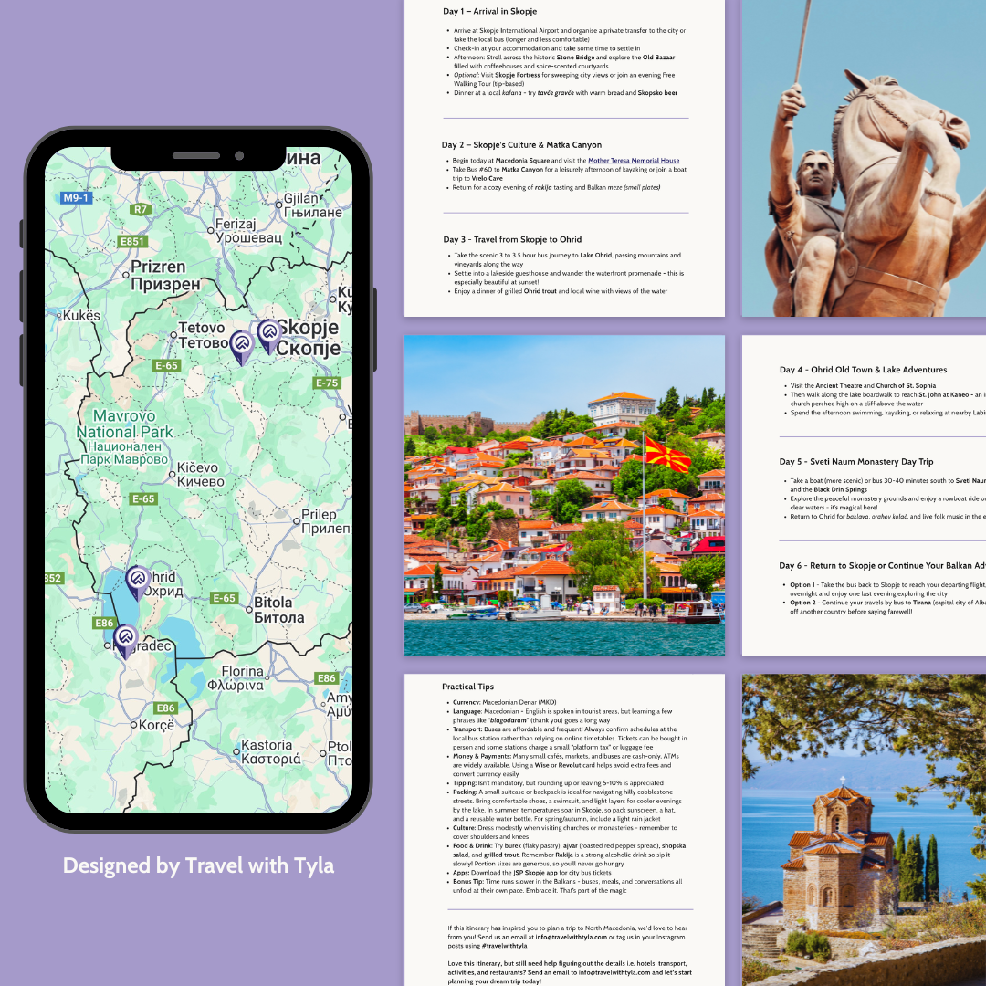 Collage of travel-related images including a phone with a map, Lake Ohrid, and Skopje.