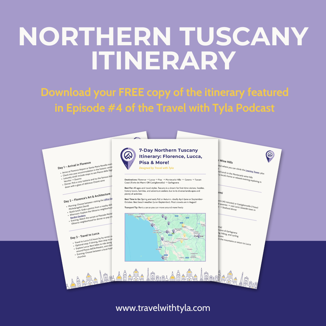 Promotional graphic for a Northern Tuscany itinerary download, featuring text and a mockup of a document on a purple background for Travel with Tyla podcast.