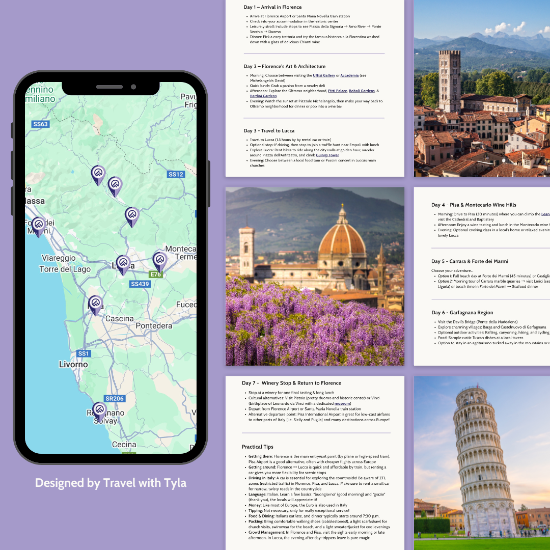 Collage of travel-themed images from Florence including a map, cityscapes, and scenic views on a purple background.