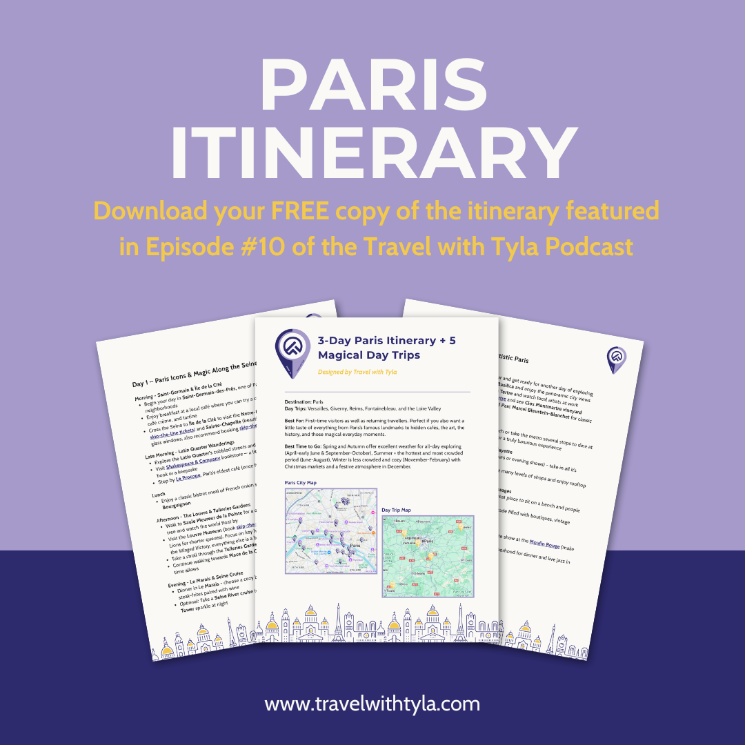 Promotional graphic for a 3-Day Paris Itinerary with text about the Travel with Tyla podcast episode on a purple background.
