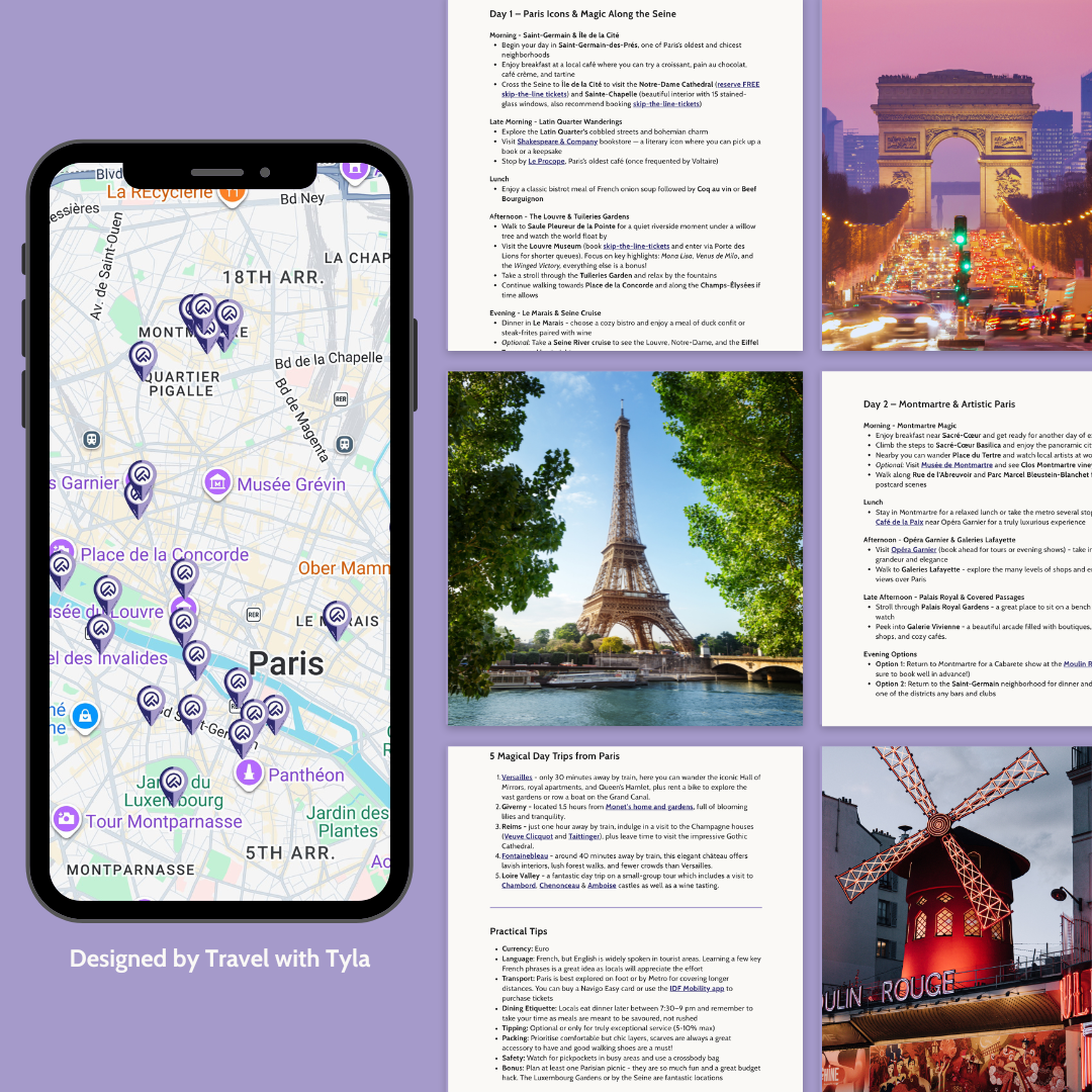 Collage of travel-related images including a phone with a map, Eiffel Tower, and cityscape of Paris.