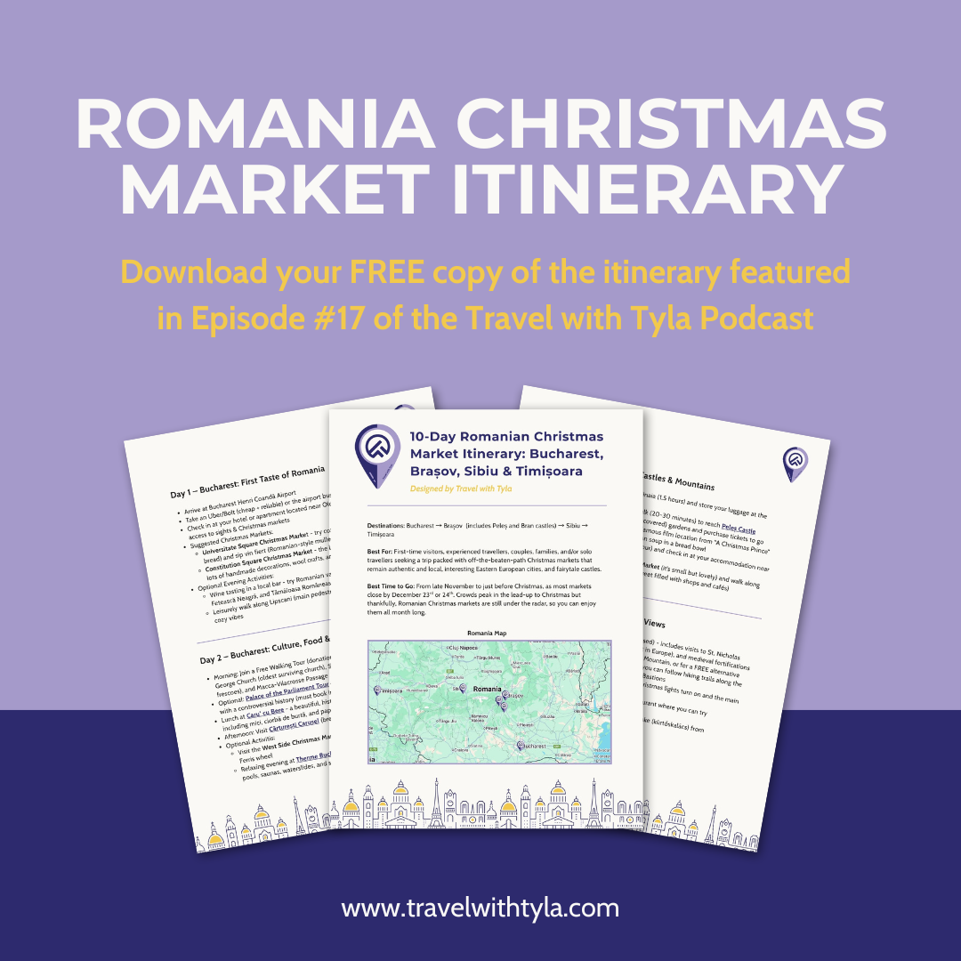 Romania Christmas Market Itinerary with a purple background by Travel with Tyla podcast