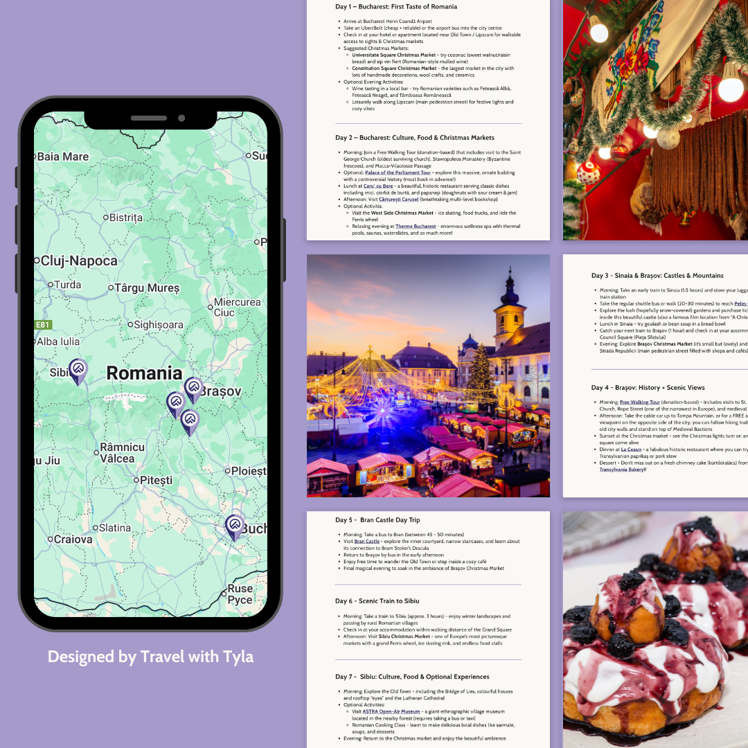 Collage of travel-themed images including a map, market scene, and dessert, with 'Travel with Tyla' branding.