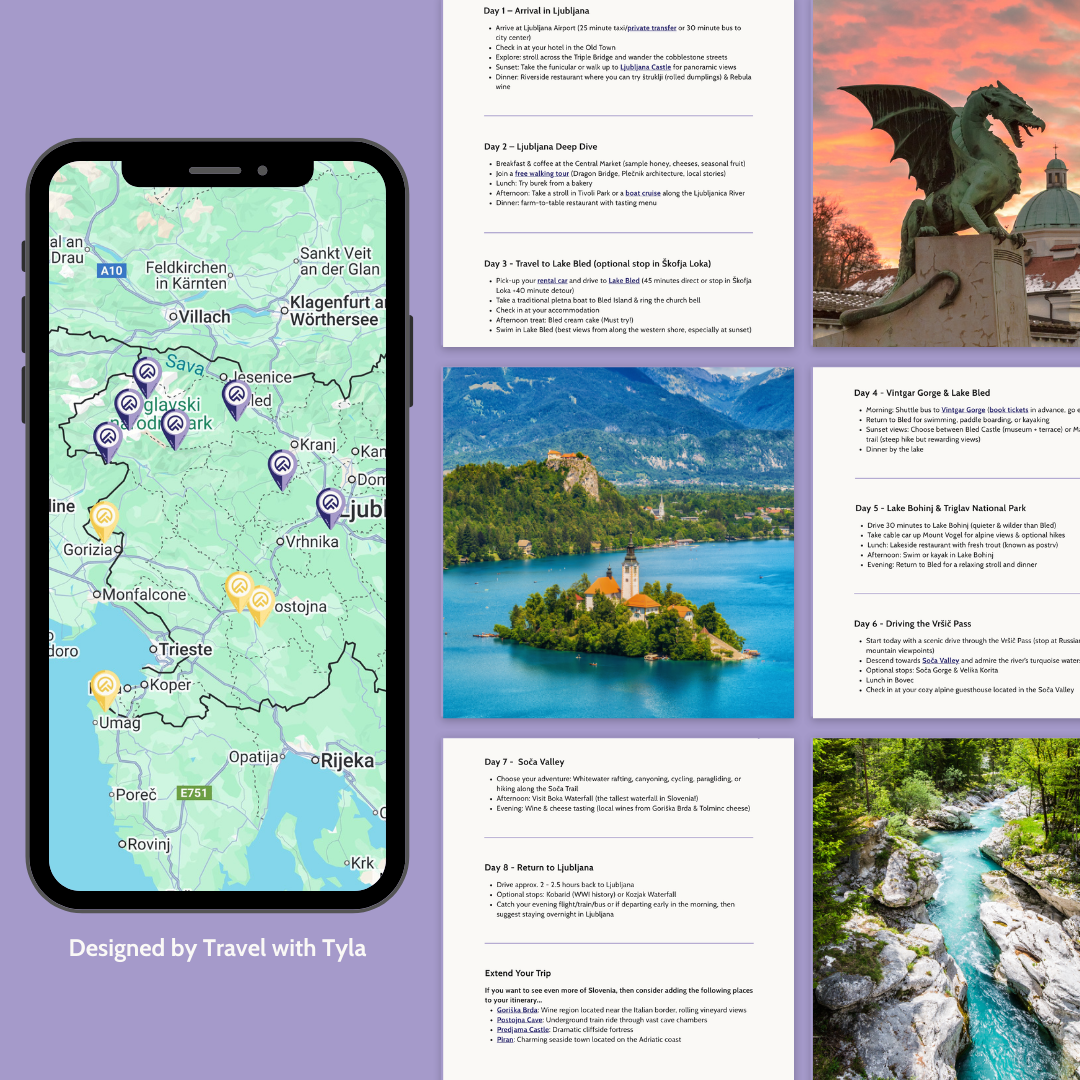 Collage of Slovenia travel-themed images including a map, scenic views, and text on a purple background. Made for the Travel with Tyla podcast.