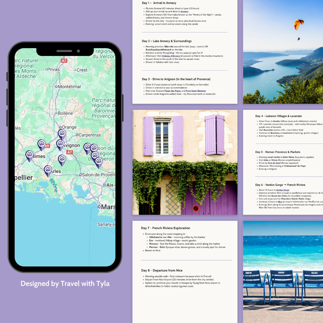 Collage of travel-themed images including a South of France map, scenic views, and a house with purple shutters on a purple background. 