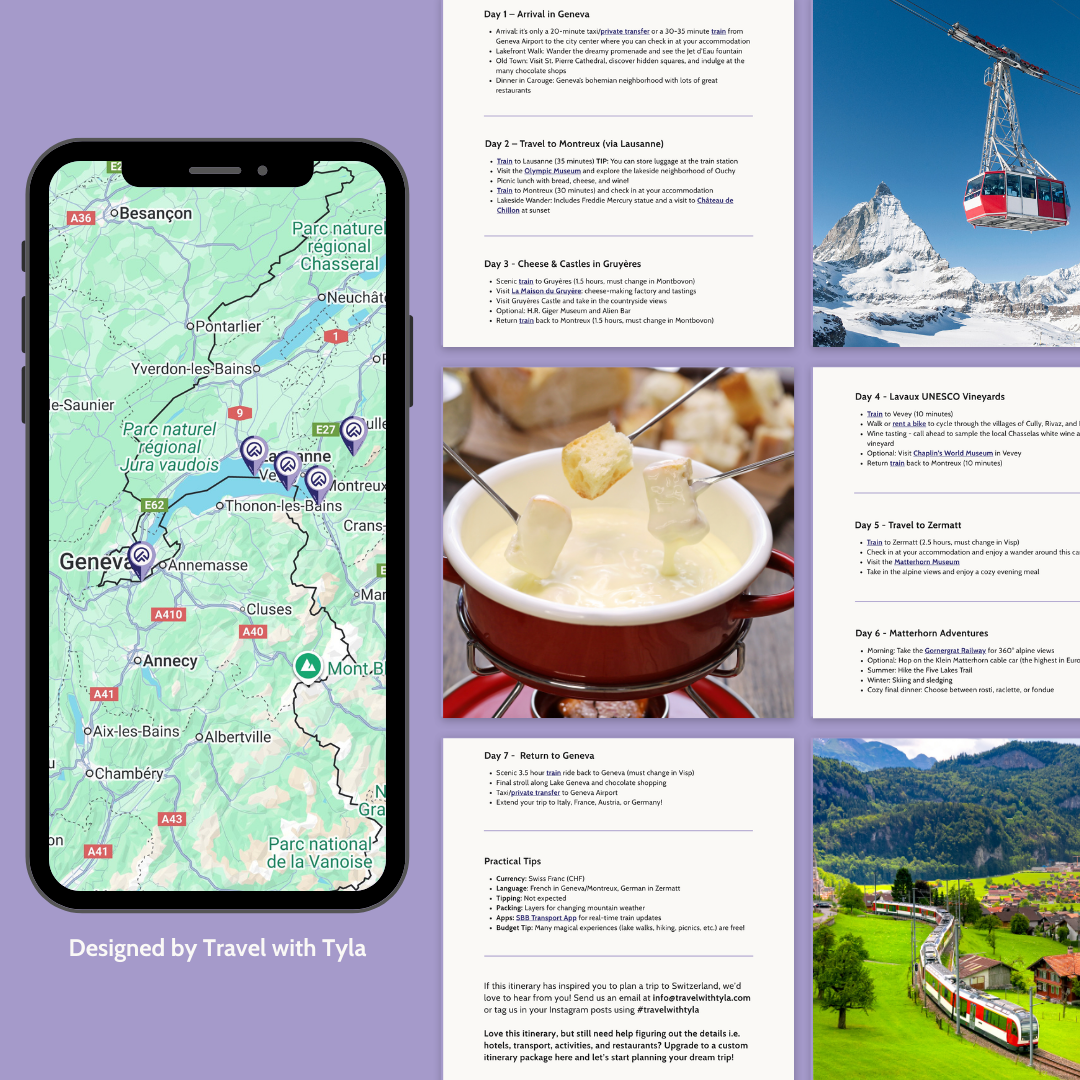 Collage of Switzerland travel-themed images including a map, fondue, mountain view, and train, with 'Travel with Tyla' branding.