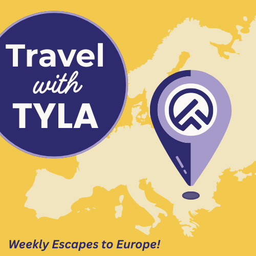 Map of Europe with a purple pin and 'Travel with Tyla' text on a yellow background