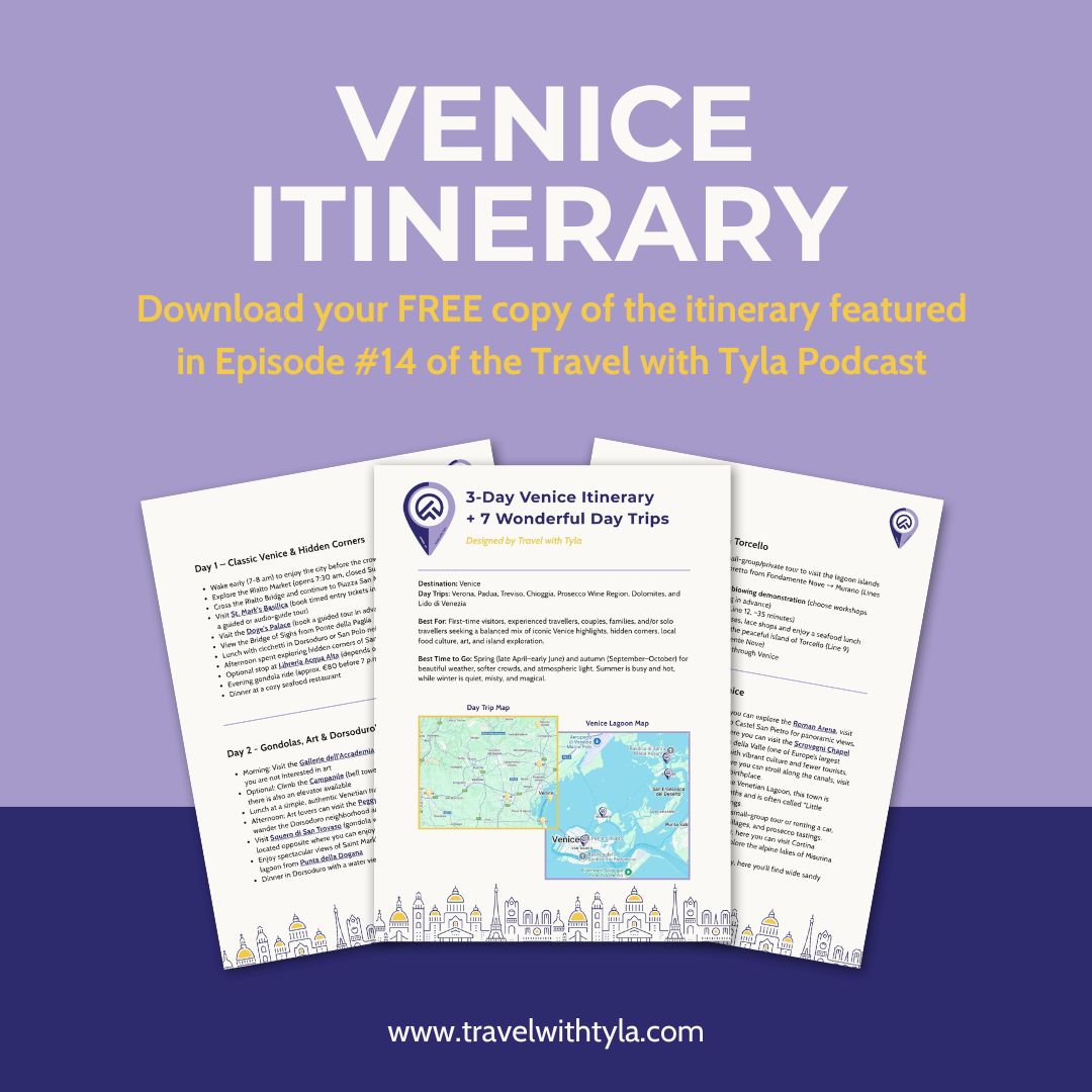 Venice itinerary download offer with text and website URL on a purple background. By Travel with Tyla