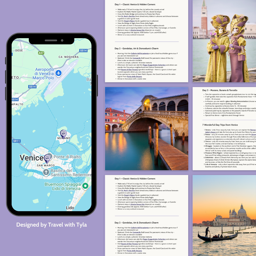 Collage of travel-themed images including a phone with a map, a bridge, and scenic views with text. Venice itinerary by travel with Tyla. 